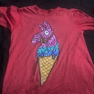 Red T-Shirt with Colorful Llama Ice Cream Design
